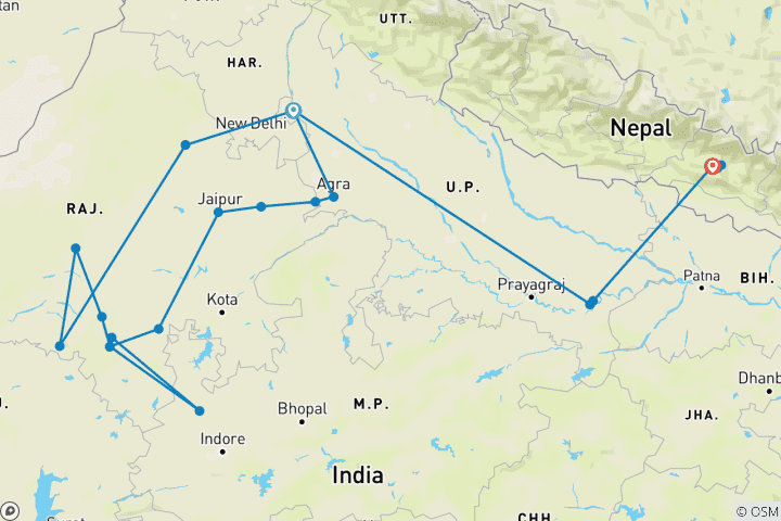 Kaart van Rajasthan met Nepal Tocht