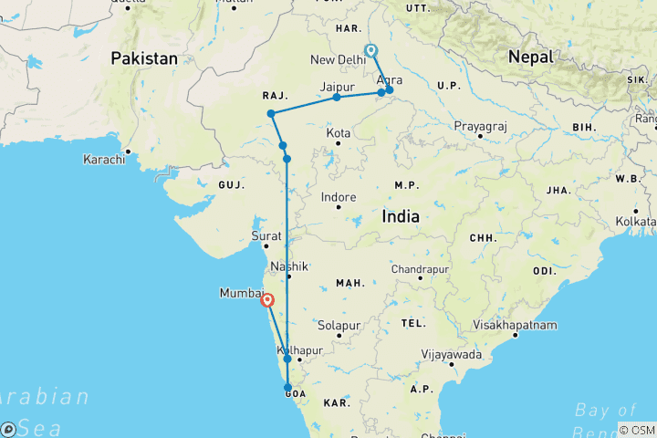 Karte von Nordindien mit Goa und Mumbai