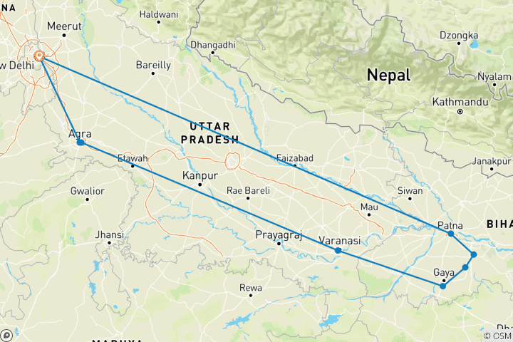 Kaart van Noord-India met boeddhistische tour
