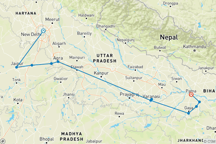 Carte du circuit Triangle d'or avec Varanasi et Bodhgaya