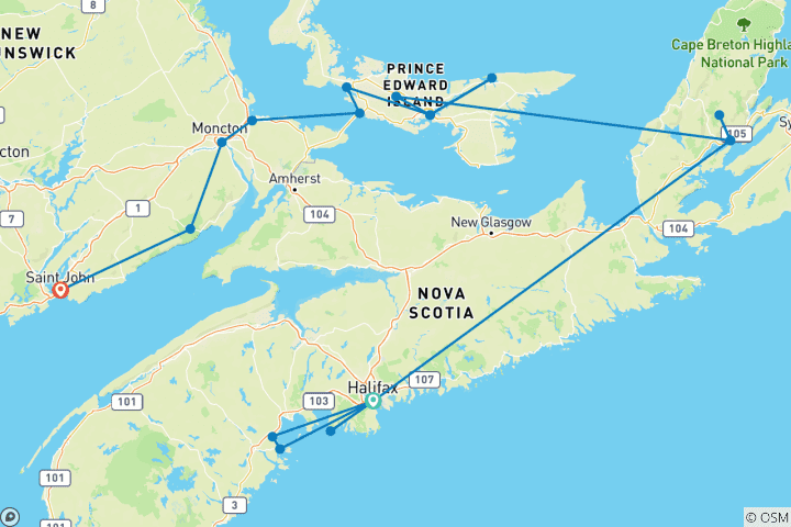 Carte du circuit Le meilleur des Maritimes canadiennes
