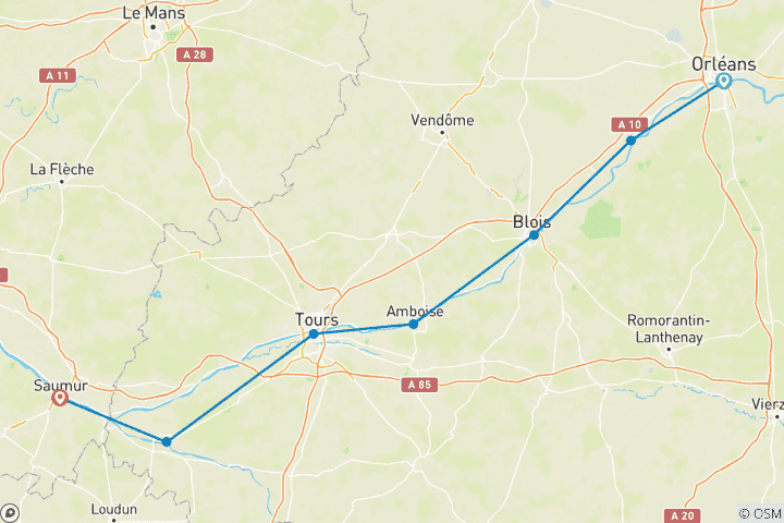 Carte du circuit Les châteaux de la Loire – circuit classique d'Orléans à Saumur (8 jours)