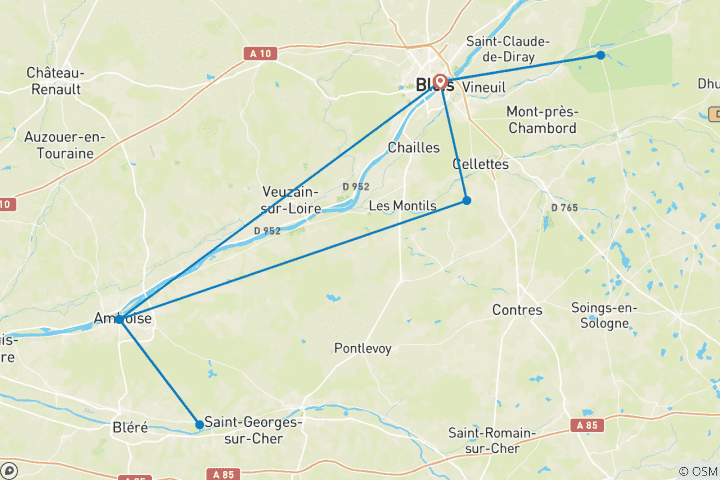 Carte du circuit Les châteaux de la Loire : une balade à vélo digne d'un conte de fées (7 jours)