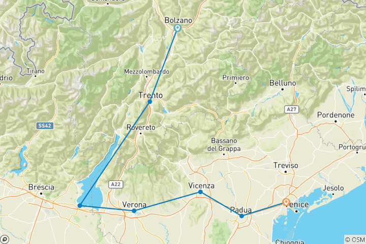 Kaart van Bolzano - Verona - Venetië - De klassieke rondreis door Noord-Italië (8 dagen)