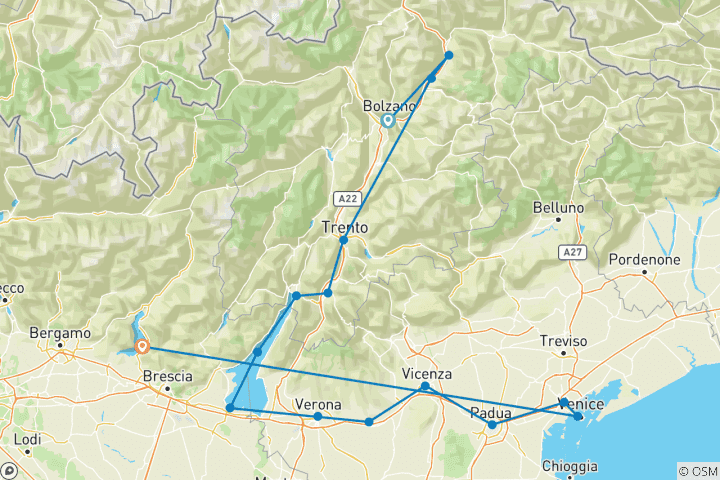 Kaart van Brennerpas - Venetië - Van de hoofdkam van de Alpen tot aan het Lido (10 dagen)