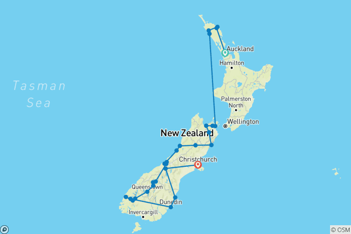 Karte von Natürlich Neuseeland - von Auckland nach Christchurch (22 Tage)