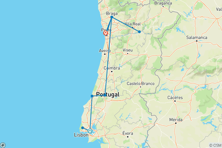 Carte du circuit Circuit de 7 jours au Portugal en petit groupe - De Lisbonne à Porto et dans la vallée du Douro