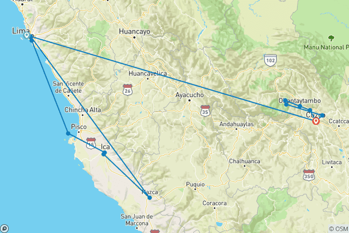 Karte von Peru Highlights - 8 Tage mit lokalen Flügen Lima nach Cusco und Cusco nach Lima)