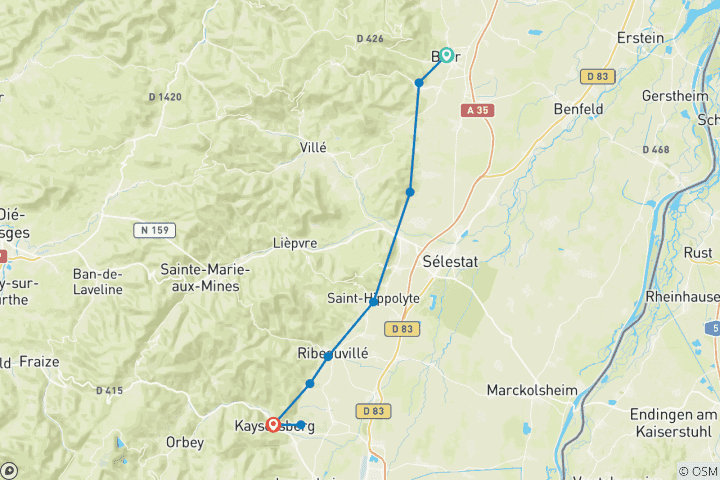 Karte von Weinroute mit tollen Ausblicken auf Süd Vogesen - von Barr nach Kaysersberg (8 Tage)