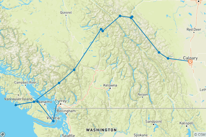 Carte du circuit Les Rocheuses canadiennes – Parcs nationaux vers l'est