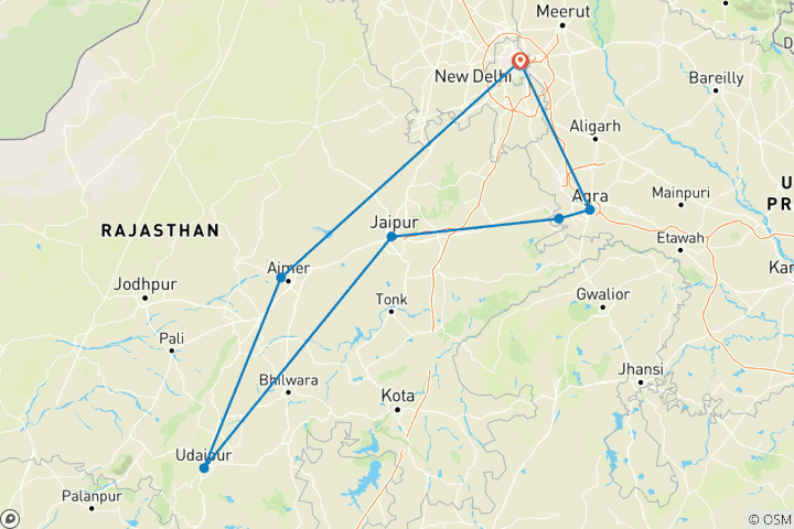 Karte von 8 Tage Goldenes Dreieck mit Royal Rajasthan mit Auto von Neu Delhi