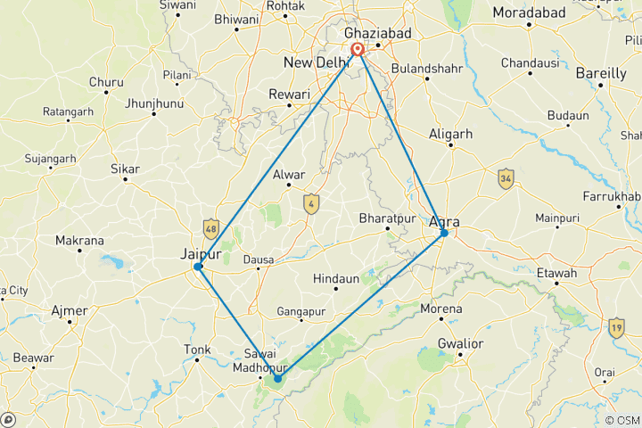 Carte du circuit 7 jours Triangle d'Or Ranthambore Tiger Safari Tour avec hôtels 4*