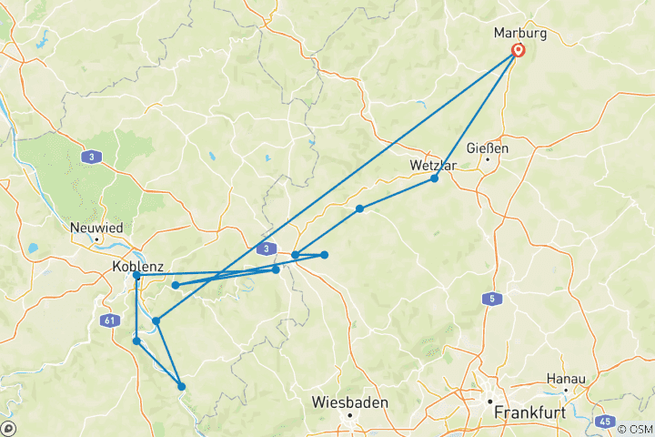 Kaart van Lahnfietsroute: de klassieker vanuit Marburg (7 dagen)