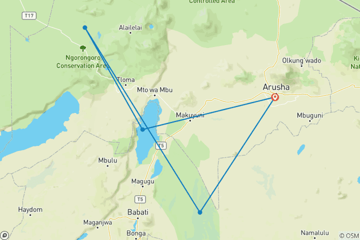 Map of 4-Days Private luxury Safari Visiting Tarangire, Ngorongoro Crater and Lake Manyara
