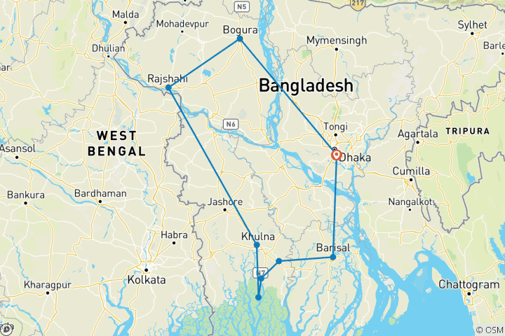 Kaart van 10 Dagen Bangladesh Tour op maat met privégids en chauffeur, alles inclusief
