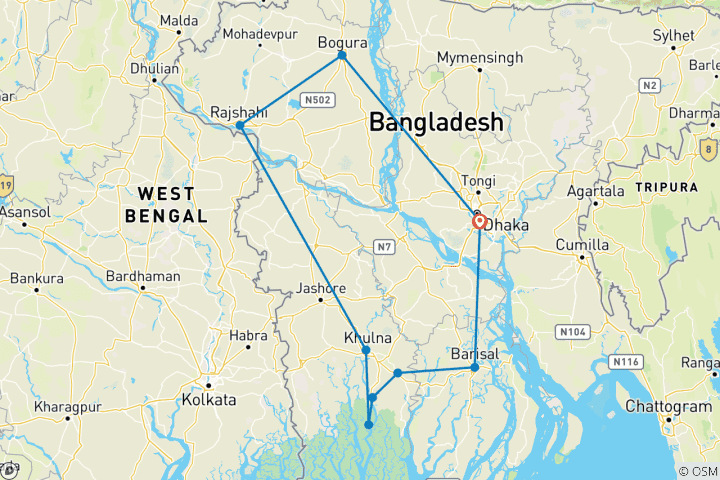 Map of 10 Days Tailor-Made Bangladesh Tour with Daily Stars, Private Guide & Driver