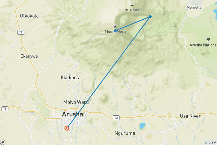 Mapa de Safari de medio recorrido de 5 días por el Monte Meru