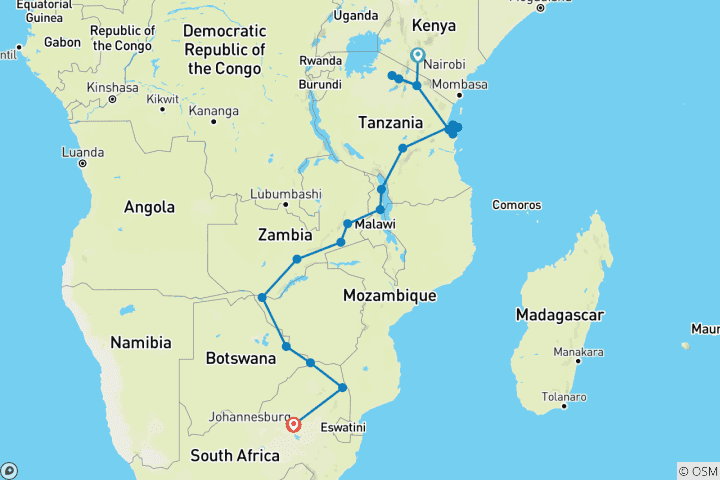 Mapa de De Nairobi a Johannesburgo por tierra: cráteres y acampadas