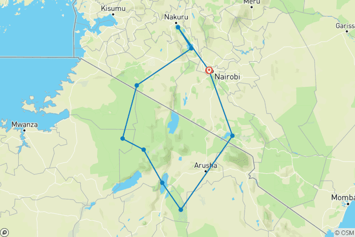 Map of 12 Days Kenya & Tanzania Combo Big Five Safari