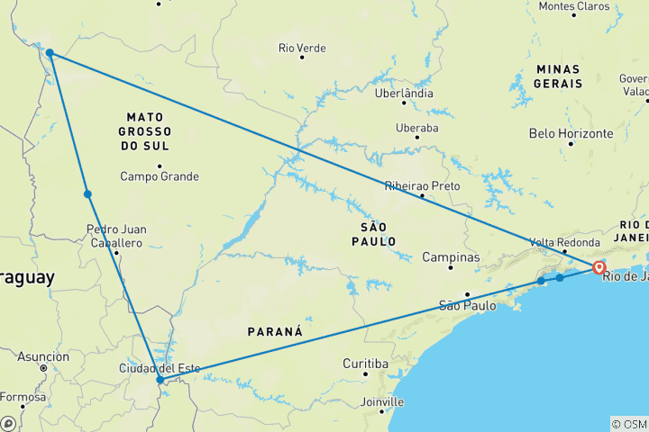 Mapa de Viaje a medida a Brasil en 14 días con guía, salida diaria y guía privado