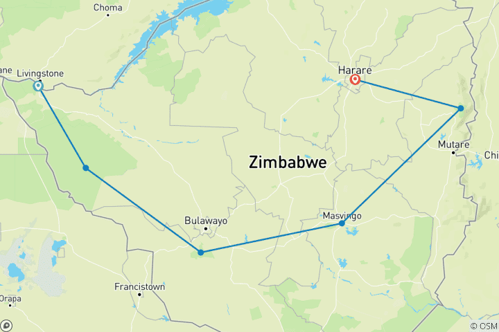 Map of Tailor-Made 12 Days Best Zimbabwe Safari Tour, Daily Start & Private Driver Guide