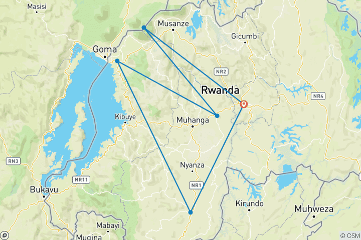 Mapa de El mejor viaje a Ruanda en 8 días, a medida, con salida diaria y en privado