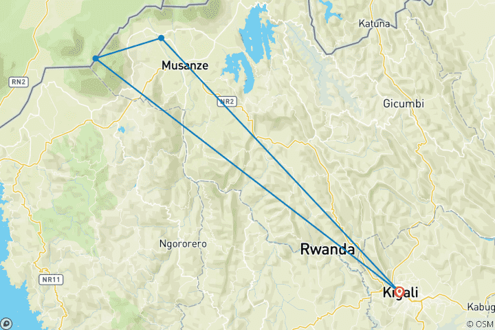 Mapa de Circuito privado personalizado a Ruanda para ver gorilas con salida diaria