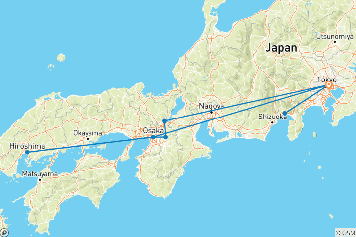 Kaart van 8 Daagse Top Japan Mini Groep Rondreis met 3&4 Sterren Hotels, Max 6 Personen