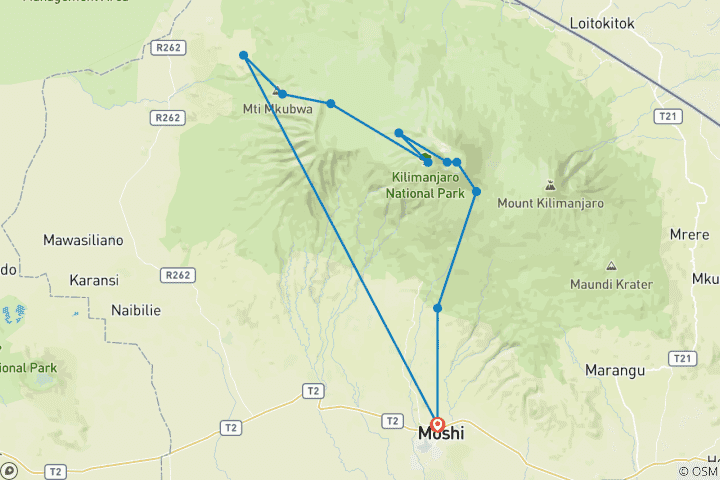 Carte du circuit 10 jours d'ascension du Kilimandjaro par la route du cercle nord