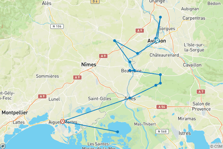 Mapa de Provenza y Camarga - De Aviñón a Aigues Mortes en bici y barco a bordo del Caprice (8 días)