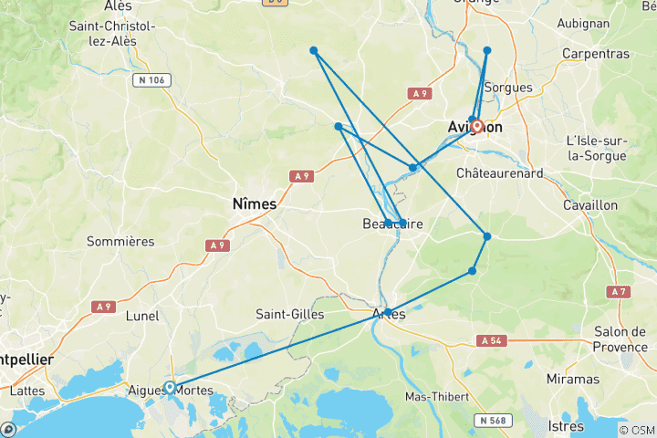Carte du circuit La Provence et la Camargue - D'Aigues-Mortes à Avignon à bord de L'Estello (8 jours)