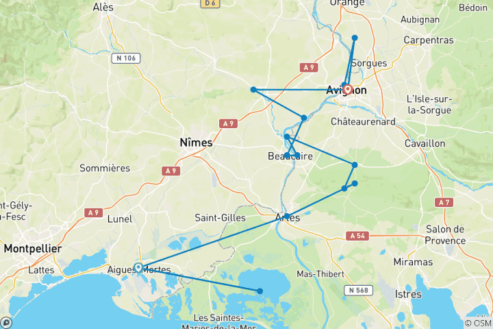Mapa de Provenza y Camarga - De Aigues Mortes a Aviñón a bordo del Caprice (8 días)