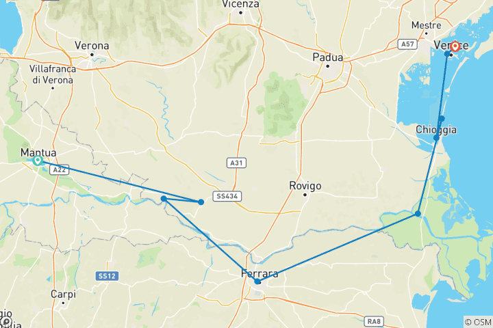 Carte du circuit De Mantoue à Venise à vélo et en bateau à bord du Vita Pugna (8 jours)