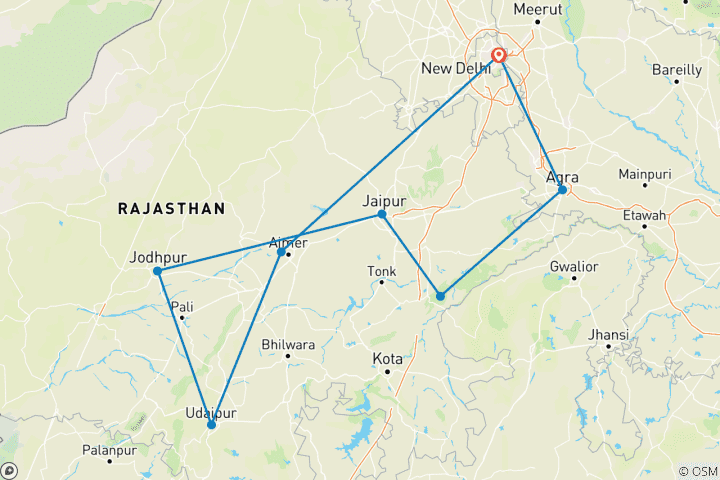 Carte du circuit Inde sur mesure - Triangle d'or et Rajasthan classique