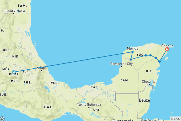 Carte du circuit 10 jours de vacances de luxe personnalisées au Mexique à Cancun, départ quotidien et guide privé