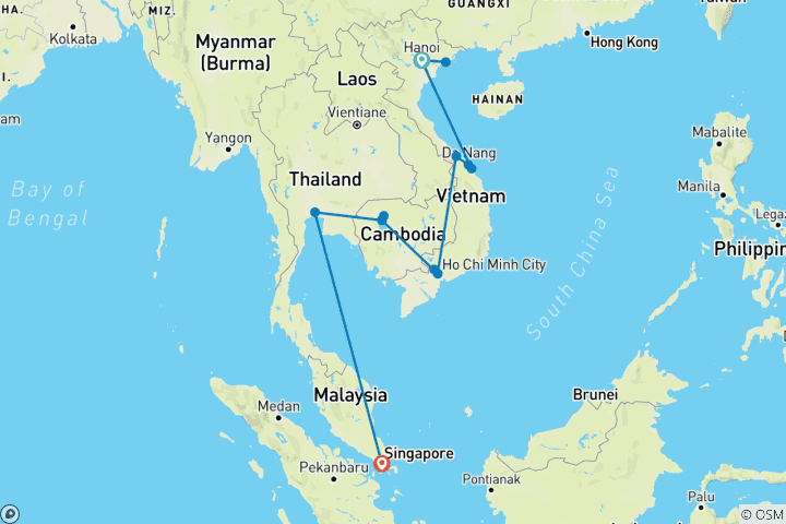 Carte du circuit Le Vietnam et les temples d'Angkor avec Bangkok et Singapour