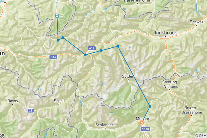 Carte du circuit Traversée des Alpes E5 : Oberstdorf - Merano (8 jours)