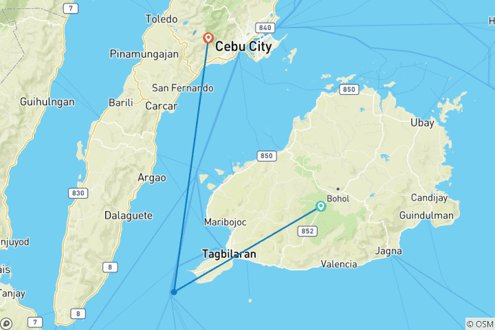 Carte du circuit Aventure personnalisée à Cebu et Bohol, départ quotidien et guide privé