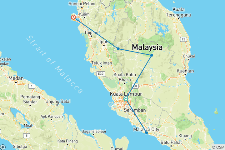 Kaart van Gepersonaliseerde 10-daagse vakantie naar Maleisië, dagelijks vertrek (privégids & auto)
