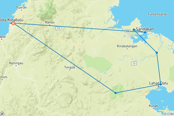 Kaart van 10 Dagen Maleisië Borneo Wildlife Avontuur op maat, dagelijkse start & privégids