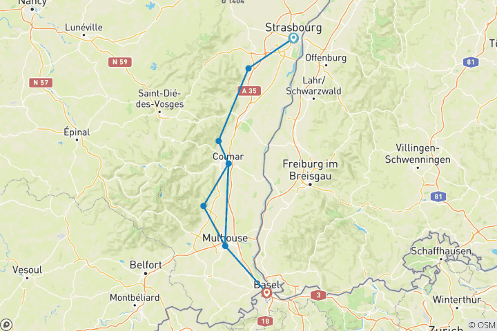 Carte du circuit Perles de la Route des Vins d'Alsace (8 jours)