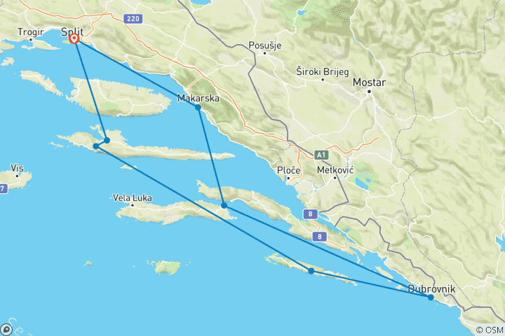 Carte du circuit Croisière en Croatie - De Split à Split - Exploration de l'Adriatique
