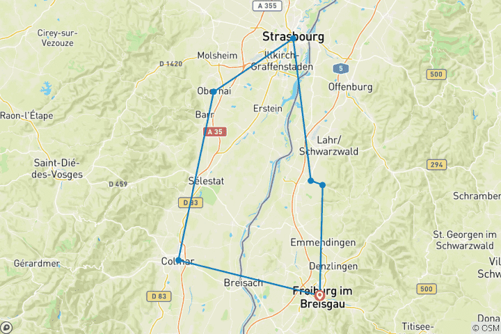 Map of South Baden Alsace Round Trip (7 days)