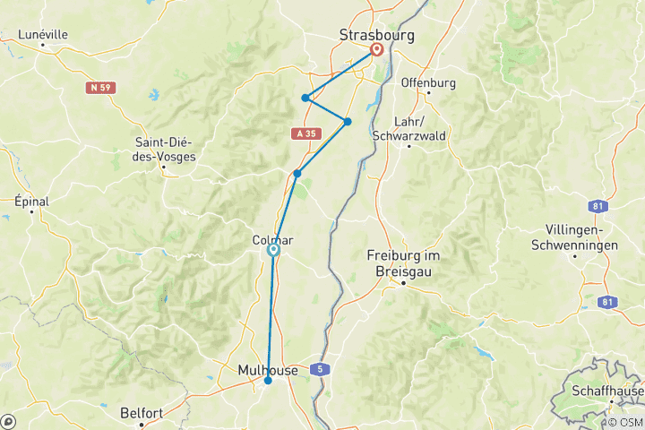 Carte du circuit Double circuit en étoile Colmar - Osthouse (8 jours)