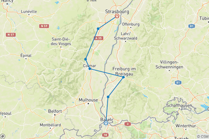 Carte du circuit De Bâle à Strasbourg (8 jours)