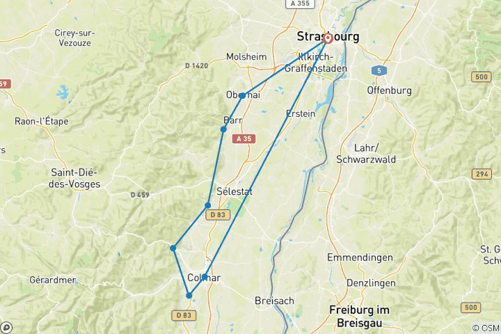 Carte du circuit Cyclotourisme de détente en Alsace (8 jours)