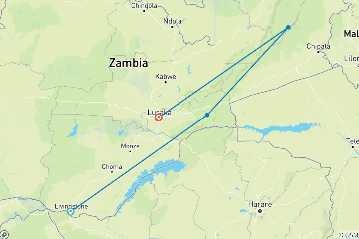 Mapa de El mejor viaje a Zambia en 9 días, hecho a medida, con salida diaria, viaje privado