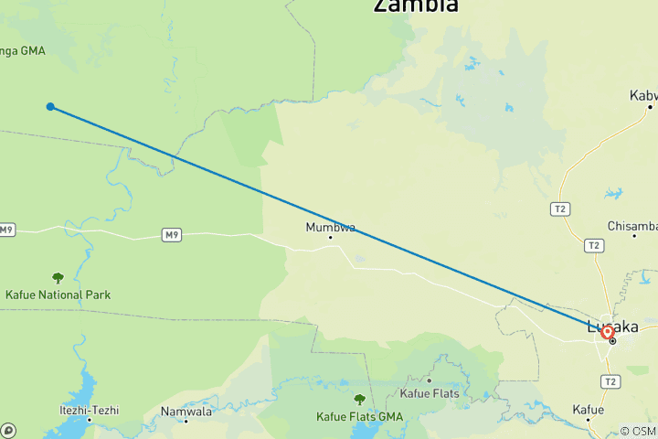 Carte du circuit Safari sur mesure à Kafue en Zambie, départ quotidien et voyage privé