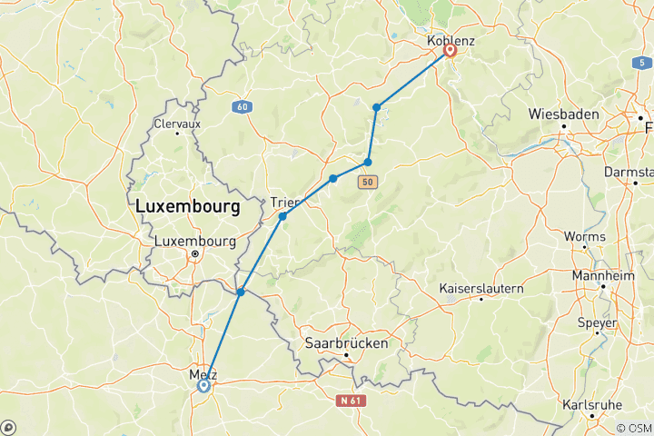 Carte du circuit Moselle : Metz - Coblence (8 jours)