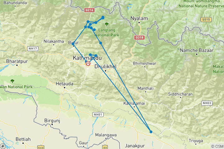 Karte von Langtang Gosainkunda Helambu Treck 15 Tage